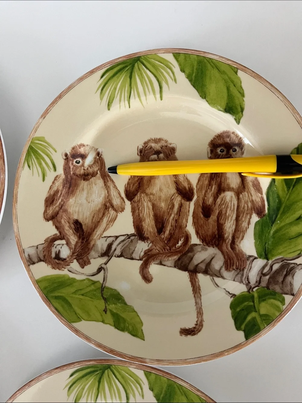 American Atelier Three monkeys porcelain salad plates hear see speak no evil 8”